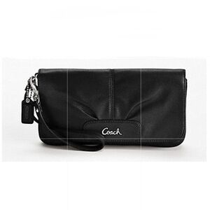 COACH Ashley Black Silver Leather Fold Flap Large Wristlet Clutch